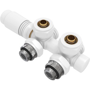 Emke Multiblock Ventil mit Thermostat, Anschlussgarnitur für Heizkörper, weiß.