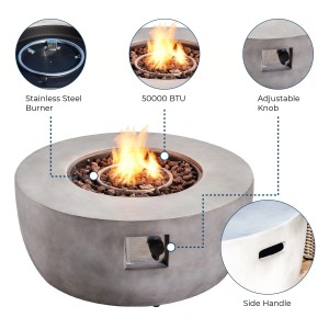 Runde graue 91,5 cm Gas-Feuerstelle aus Faux-Beton mit brennender Flamme, Edelstahlbrenner, Regler und Griff.