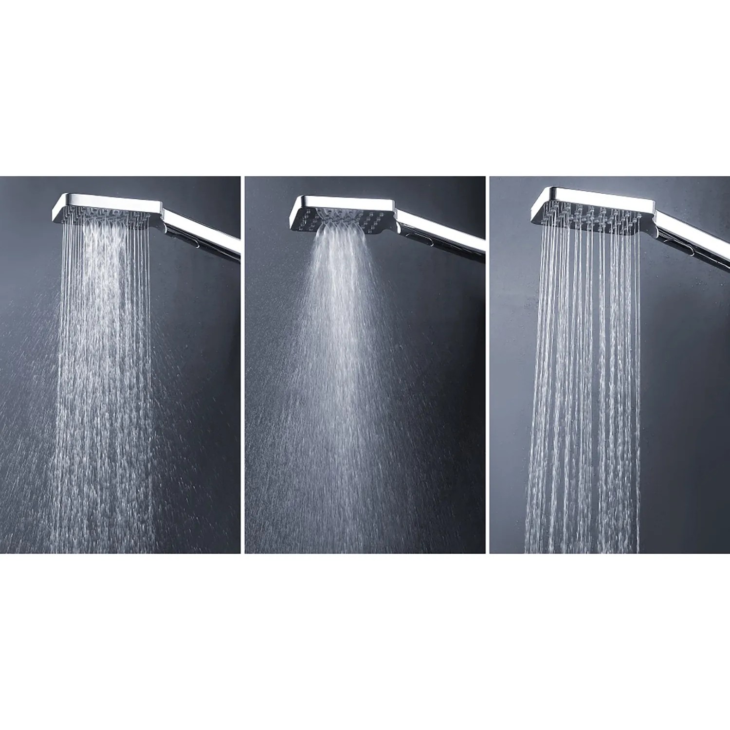 Quadratisches Edelstahl Duschsystem mit Regendusche und verschiedenen Strahlarten.