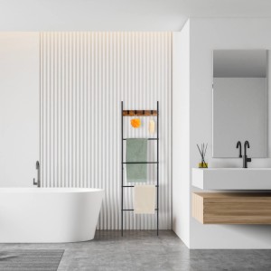 Relaxdays Handtuchleiter mit 4 Sprossen Stahl MDF Schwarz Braun Rutschfest Justierbar 160,5 cm x 44 cm x 1,5 cm 1,8 kg