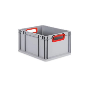 Graue PROREGAL Eurobox mit roten Griffen, Scharnierdeckel und Schiebeschnappverschlüssen. Ideal zur Aufbewahrung.
