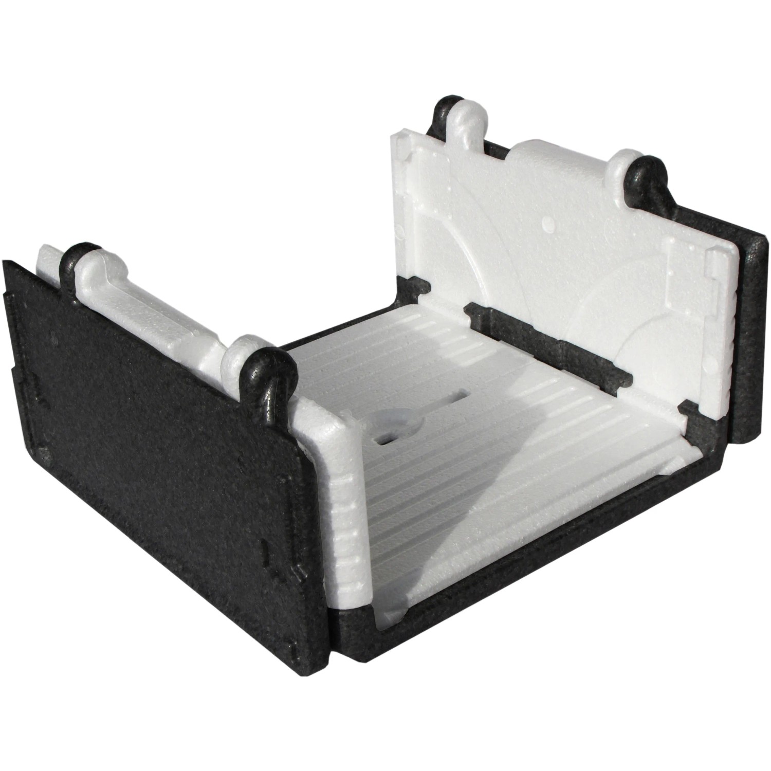 Geöffnete, klappbare Flip-Box Classic Thermobox (23 l) in Schwarz/Weiß. Ideal zur Aufbewahrung und zum Transport von Lebensmitteln.