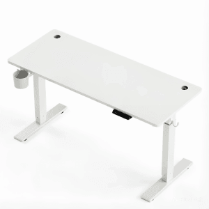 Weißer, elektrisch höhenverstellbarer Schreibtisch 140x70 cm mit USB-Ladestation.