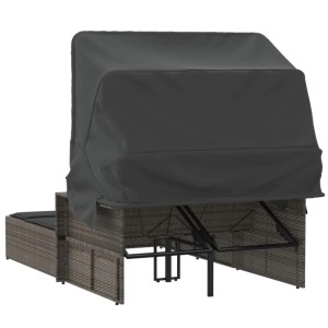 Graue Doppel-Sonnenliege aus Poly Rattan mit Dach und Auflagen. Ideal für den Garten.