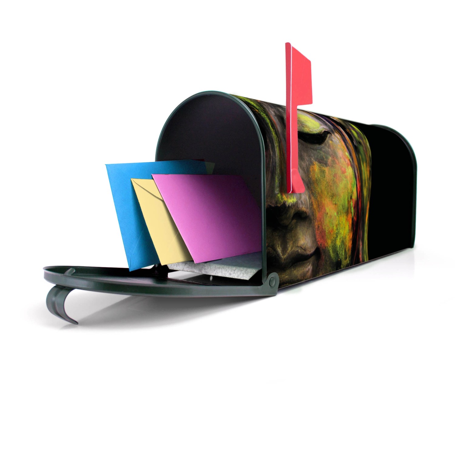 Grüner Banjado US Briefkasten mit Buddha Motiv, gefüllt mit Briefen.