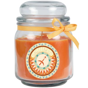 Duftkerze Schütze im Glas mit Honigmelone Duft, verziert mit Schleife.