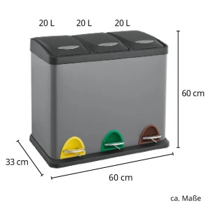 Grauer Svita Mülleimer mit 3 Fächern (je 20L) zur Mülltrennung. Treteimer mit farbigen Pedalen.