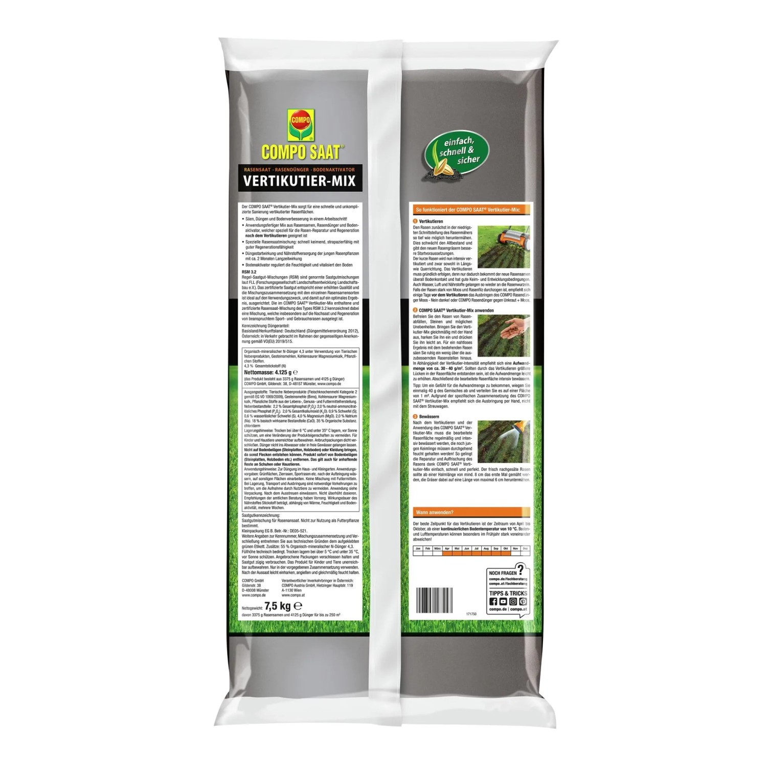 Compo Saat Vertikutier-Mix 7,5 kg Beutel mit Rasensamen, Dünger und Bodenverbesserer zur Rasenreparatur und Regeneration.