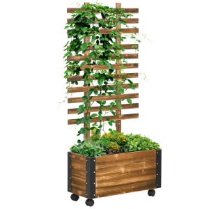 Outsunny Hochbeet aus Tannenholz mit Rankhilfe und Rädern, bepflanzt mit Blumen und Kletterpflanzen.