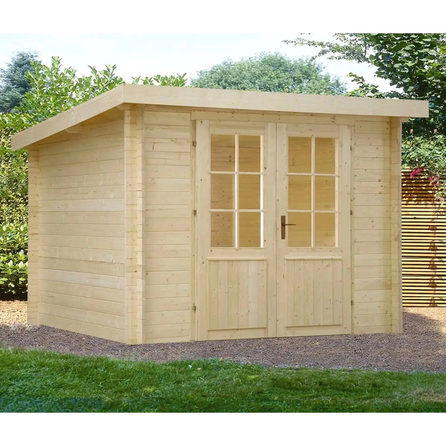 Rechteckiges, naturbelassenes Alpholz Gartenhaus Maria-28 mit Doppeltür und Pultdach.