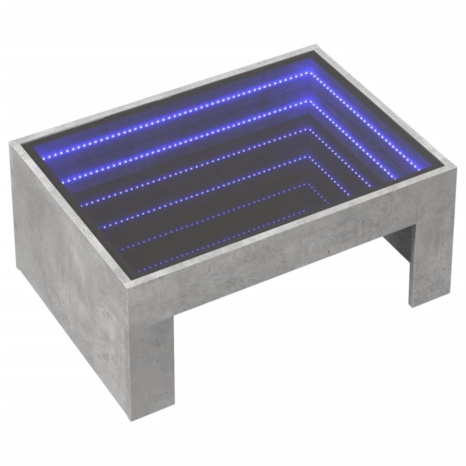 Moderner Couchtisch in Betongrau mit Infinity-LED-Spiegel für Wohnzimmer.