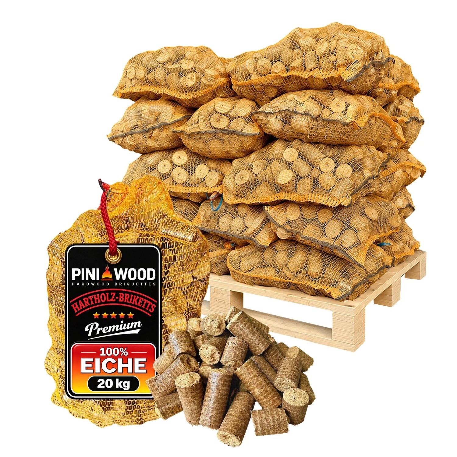 PINI Hartholzbriketts 100% Eiche in Raschelsäcken 500 kg Palette Kamin Grill