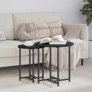 vidaXL Beistelltisch-Set, 2-teilig, schwarz/Eichenoptik, runde Tische mit Metallgestell.