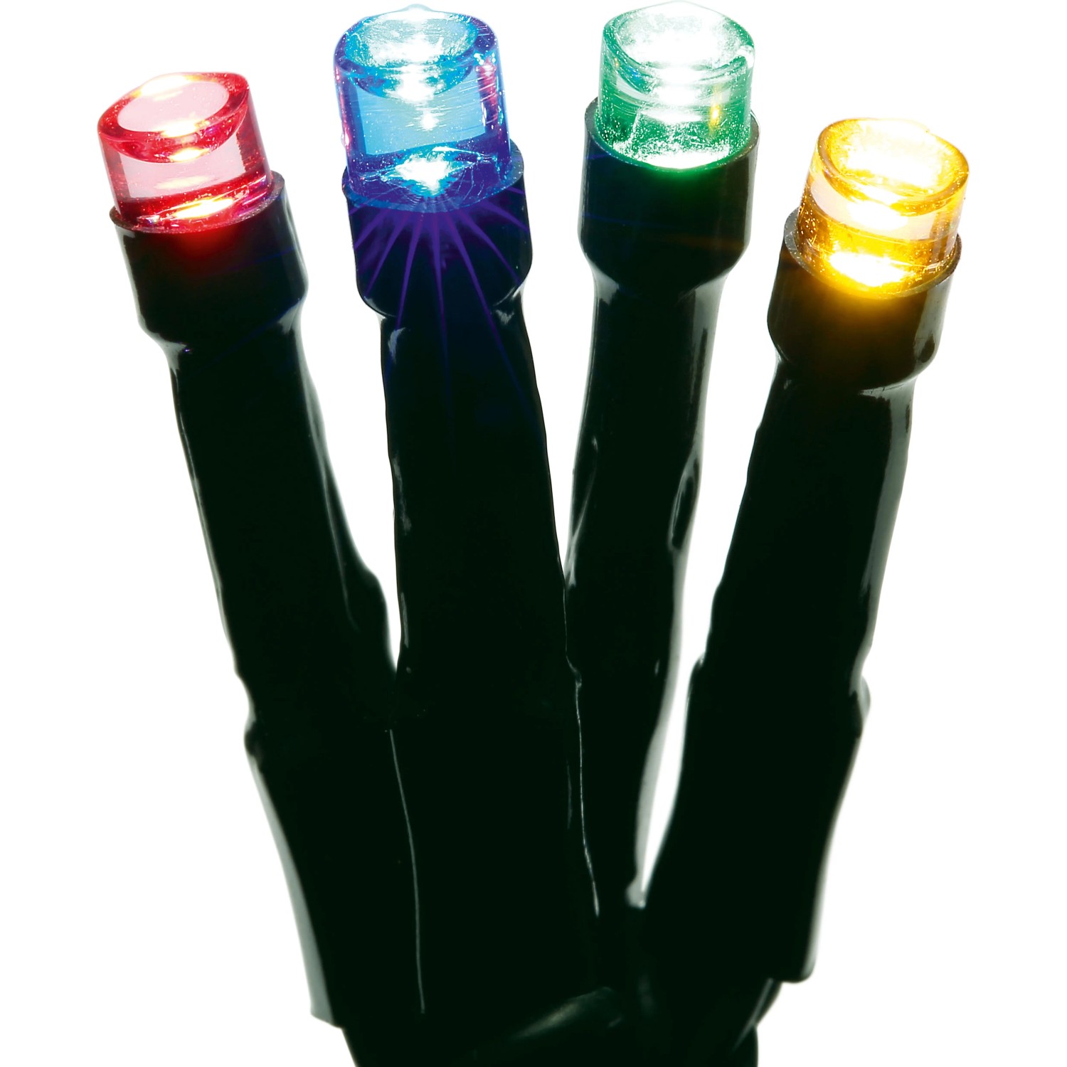 Nahaufnahme bunter LEDs einer OBI Außen-Lichterkette mit grünem Kabel für Garten & Terrasse.