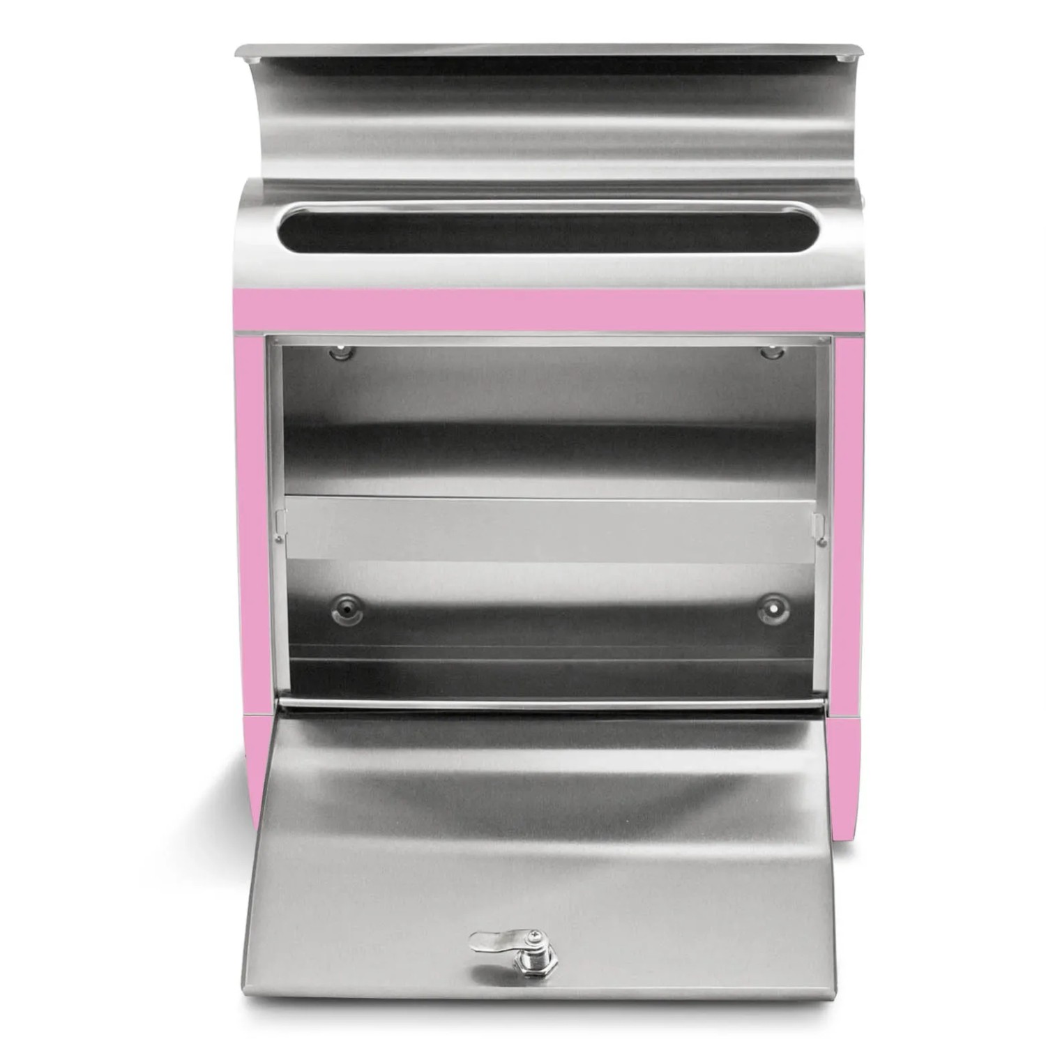 Offener Edelstahl Briefkasten mit Zeitungsfach und Rosen Motiv, pinke Umrandung.