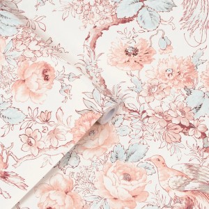 Laura Ashley Vliestapete Birtle Blush mit Blumenmuster und Vögeln.