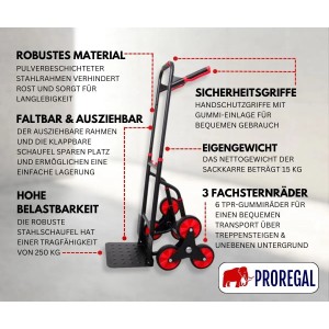 PROREGAL Treppensteiger TAURUS mit Stahlrahmen, klappbarer Schaufel und roten TPR-Gummirädern.