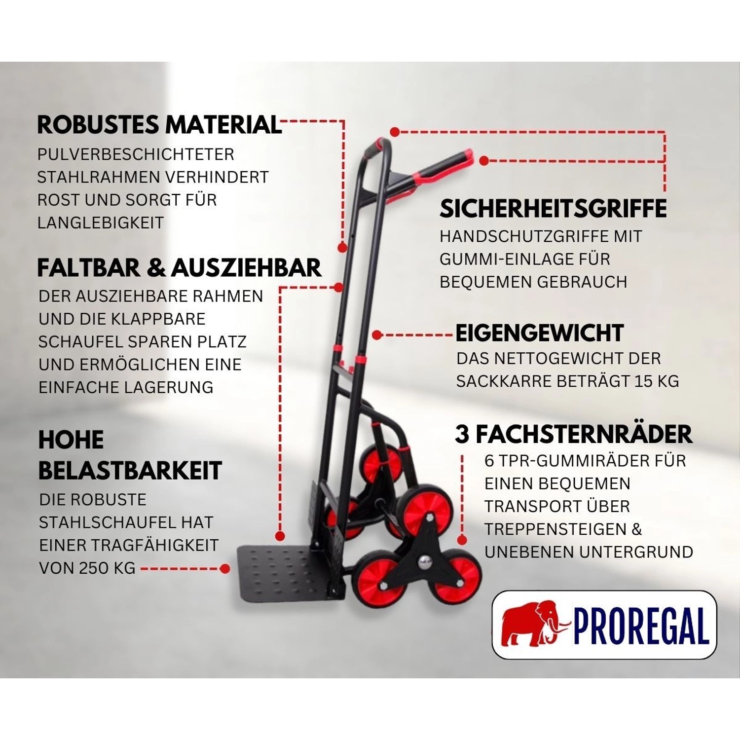 PROREGAL Treppensteiger TAURUS mit Stahlrahmen, klappbarer Schaufel und roten TPR-Gummirädern.