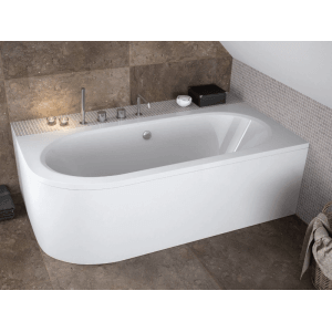 Weiße Eckbadewanne AVITA 150x75 rechts mit Acrylschürze und Ablauf in modernem Badezimmer.