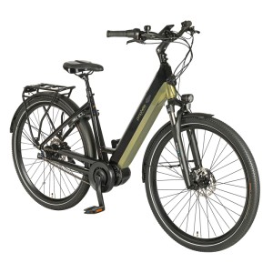 Schwarzes Prophete City E-Bike Geniesser 6.0 Damenrad mit AEG Mittelmotor und Gepäckträger.