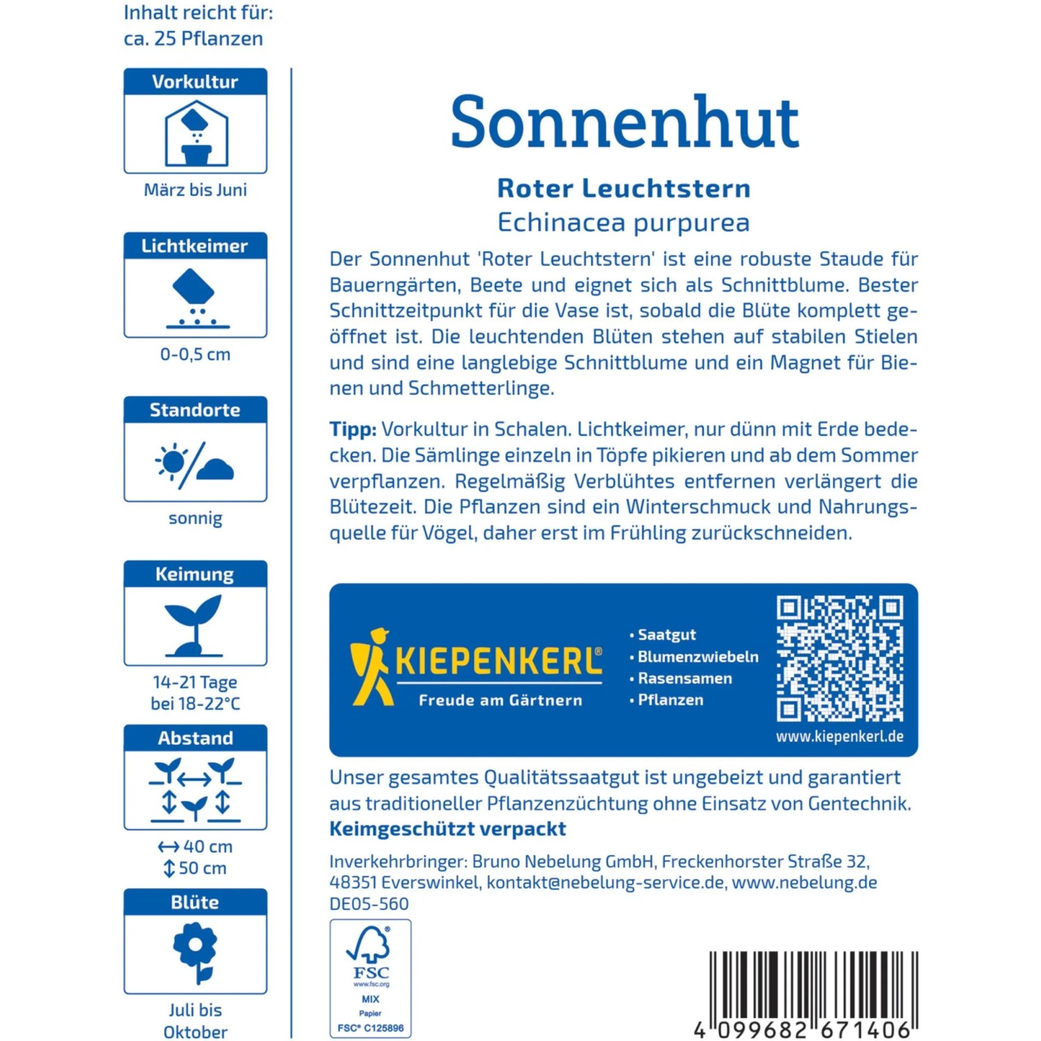 Kiepenkerl Sonnenhut Roter Leuchtstern Saatgutpackung, ideal für farbenprächtige Blumenbeete.