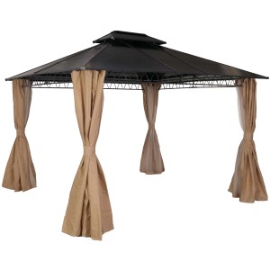 MCW Hardtop Pergola M81 in Creme, 3,6x3m mit Seitenwänden und Moskitonetz für entspannte Stunden im Garten.