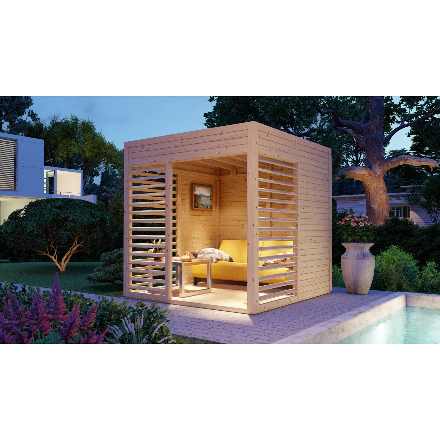 Bertilo Pavillon Garten-Lounge aus Holz, 234x226cm, mit Lamellenwand und gelbem Sofa im Inneren.