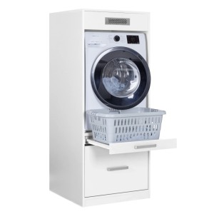 Weißer Hauswirtschaftsraum Schrank L-Studio 1 mit Waschmaschine, Wäschekorb-Ablage und Schublade. Praktische Lösung für Küche & Wäsche.