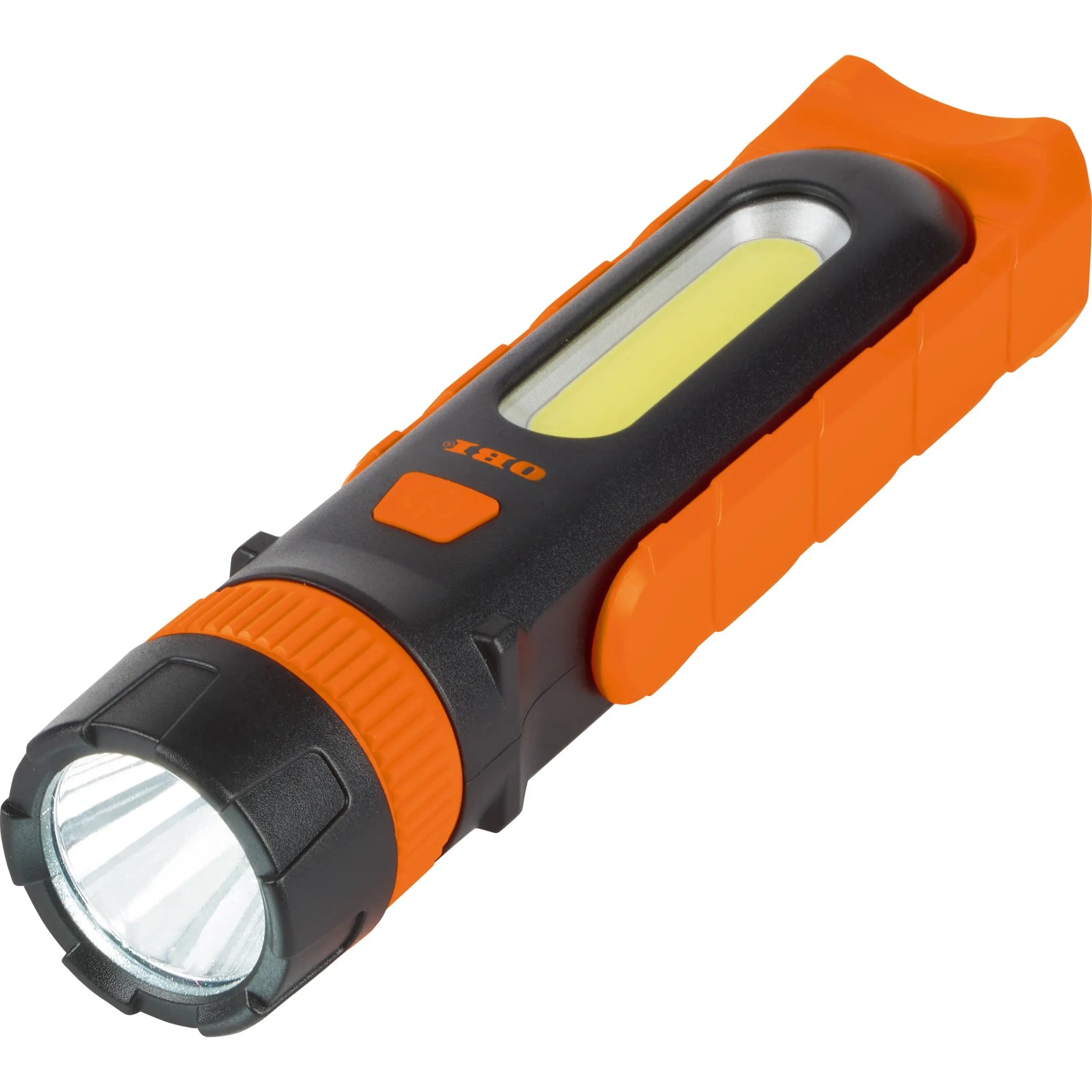 Schwarze OBI Arbeitsleuchte COB-LED mit orangenen Akzenten. Taschenlampe für Werkstatt und PKW.