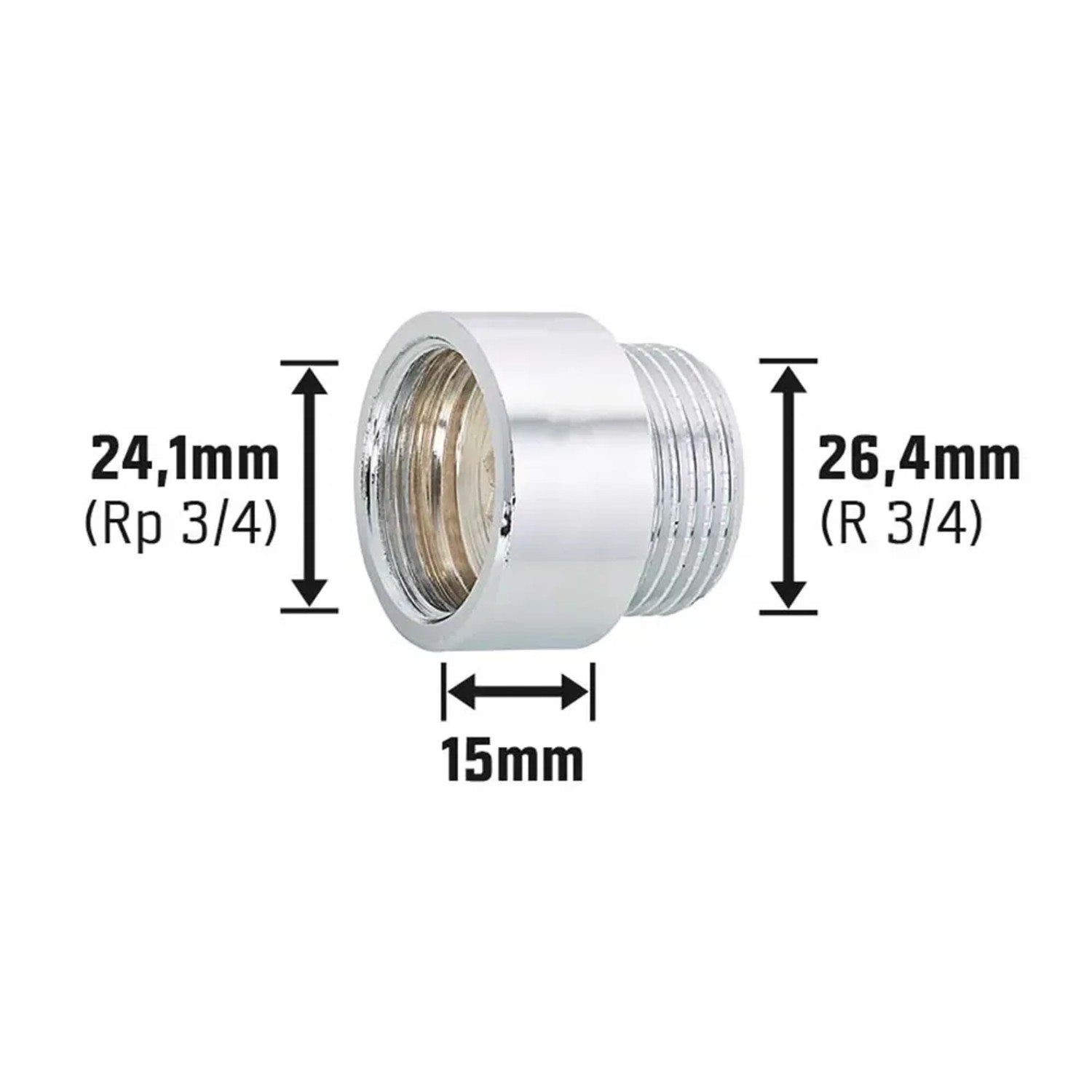 Verchromte Hahnverlängerung aus Messing, 24,1 mm x 26,4 mm, 15 mm Verlängerung für Gewindefittings.