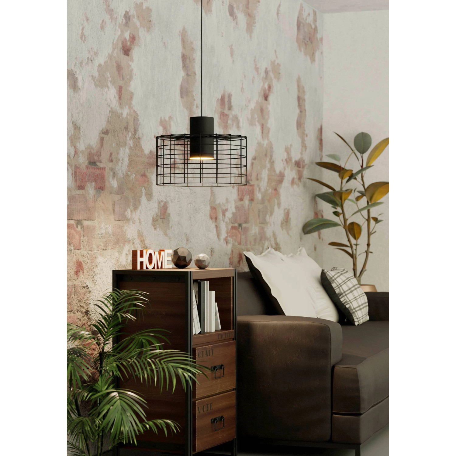 Eglo Pendelleuchte Milligan, 1-flammig, schwarz-weiß, im Wohnzimmer über einem Beistelltisch.