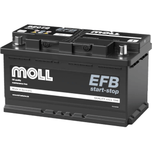 Schwarze MOLL EFB Start-Stop Starterbatterie 12V 78Ah für Autos. Robuste Autoelektrik Made in Germany.