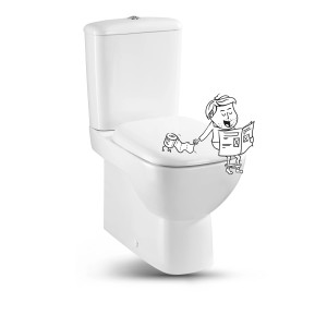 Weißes, spülrandloses baliv Stand-WC-Set mit Spülkasten und WC-Sitz.