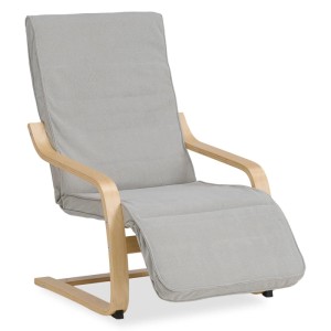Grauer Relaxsessel mit Cordbezug, verstellbarer Fußstütze und hellem Birkenholzgestell. Komfortabler Schaukelstuhl.