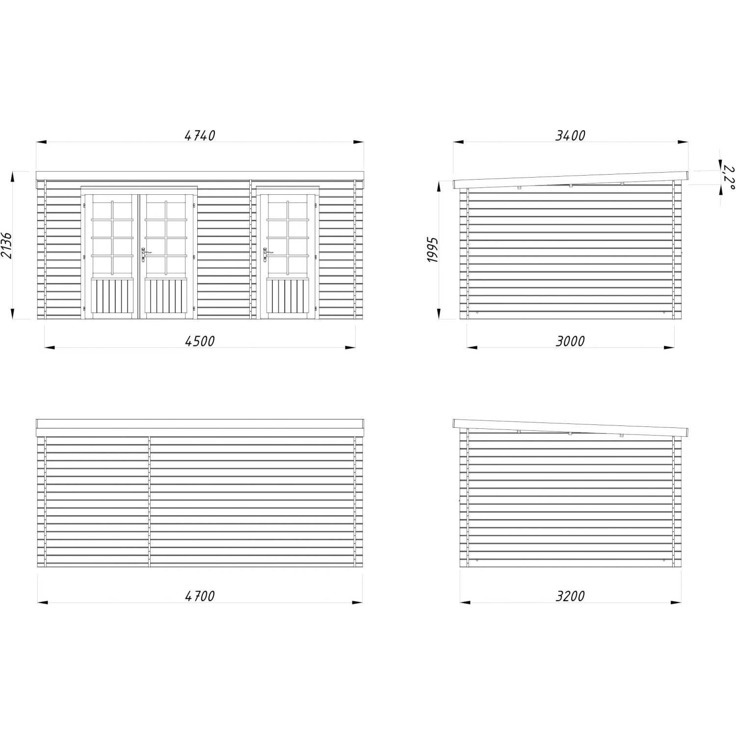 Technische Zeichnung: Palmako Ella Holz-Gartenhaus mit Pultdach, Maße 470 x 300 cm.