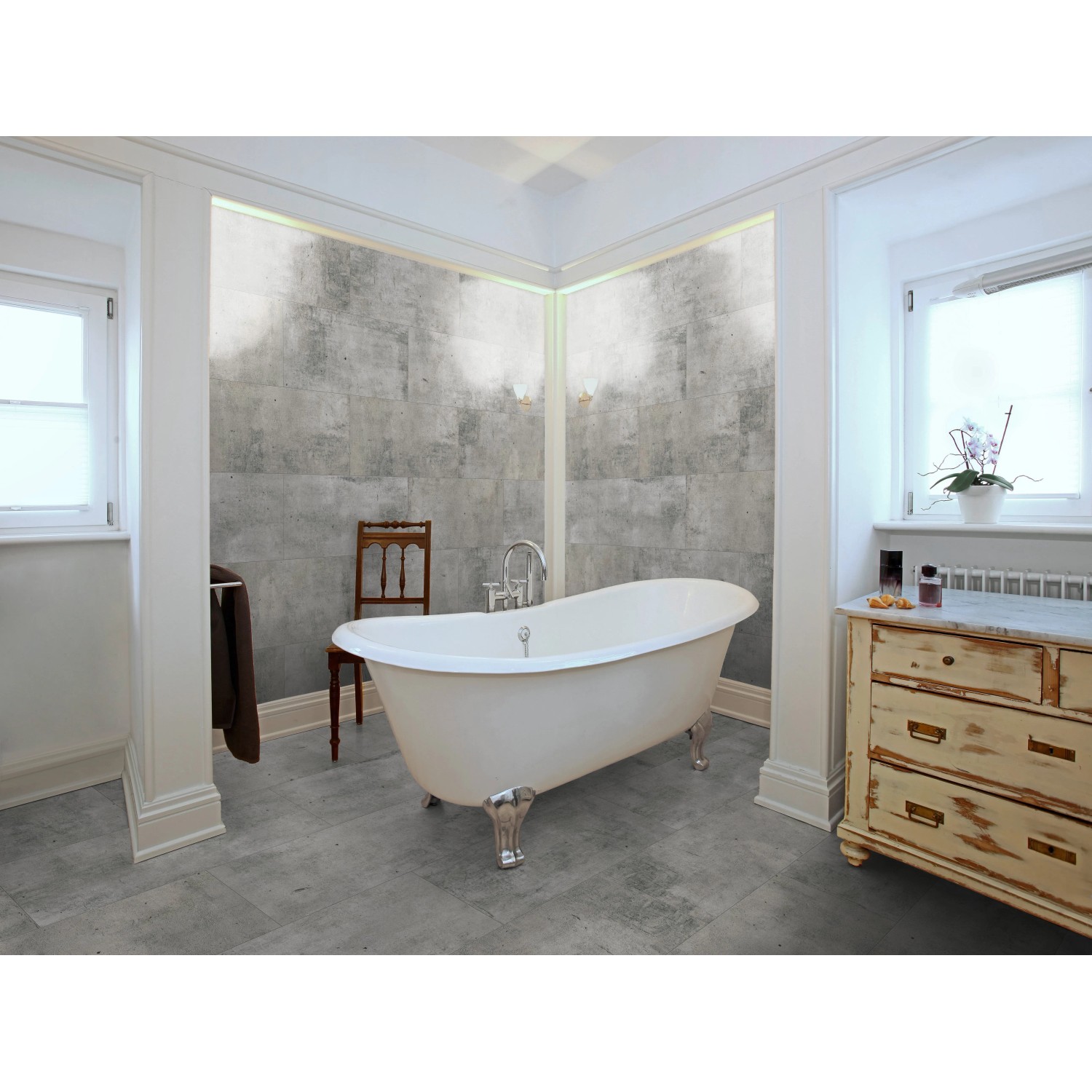 Badezimmer mit Classen Ceramin Fliesen Neo Vario Casa in Steinoptik an Wand und Boden.