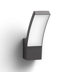 Anthrazitfarbene Philips LED Aussenwandleuchte Splay mit geschwungener Form und warmweissem Licht.