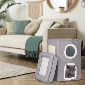 Relaxdays Katzenhöhle Polyester MDF Sisal Grau Weiß 3 Ebenen Zusammenfaltbar 63 cm x 40 cm x 40 cm 3 kg