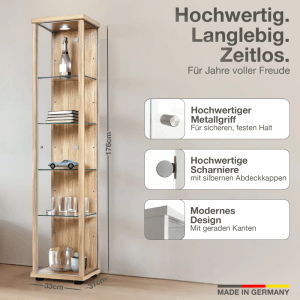 Stehende Glasvitrine Buche mit LED, 176 cm hoch, 4 Glasböden, Made in Germany.