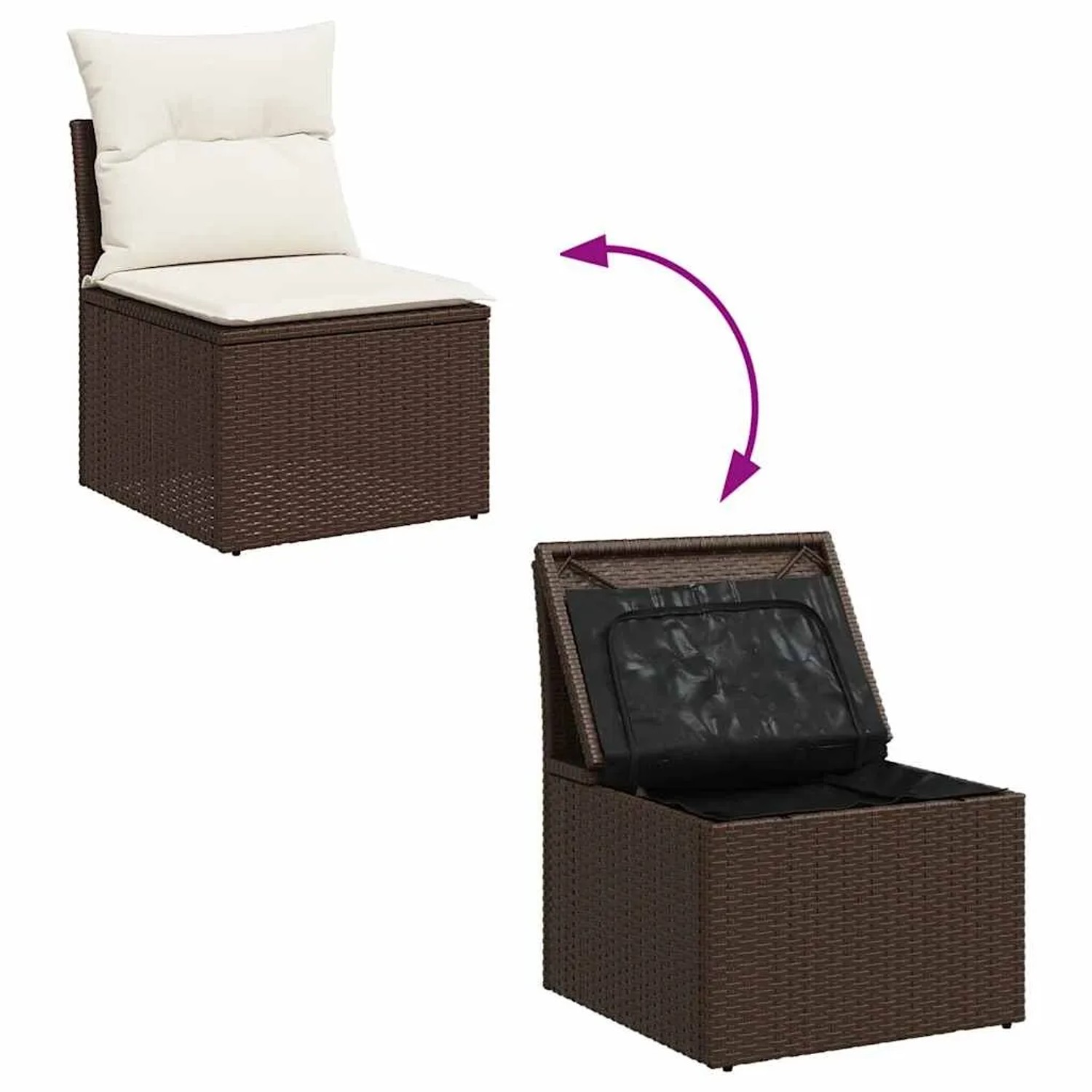 Braune vidaXL Garten-Sofagarnitur mit Kissen, Poly Rattan, mit Stauraum unter der Sitzfläche.