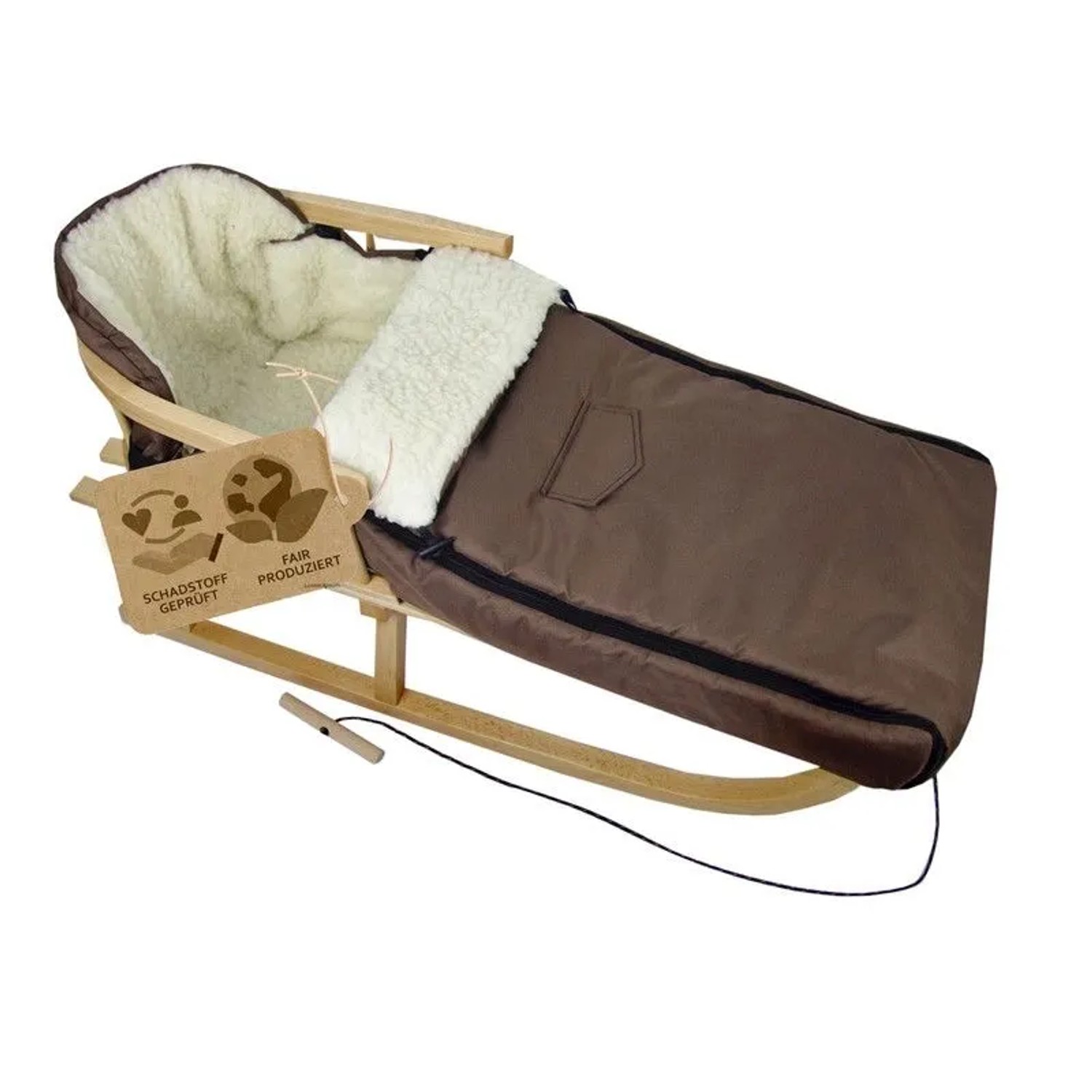 Bambiniwelt by Rafael K. Holzschlitten mit Rückenlehne und Winterfußsack 108cm Lammwolle Wasserabweisend Kombi-Set für Kinderwagen Buggy Braun