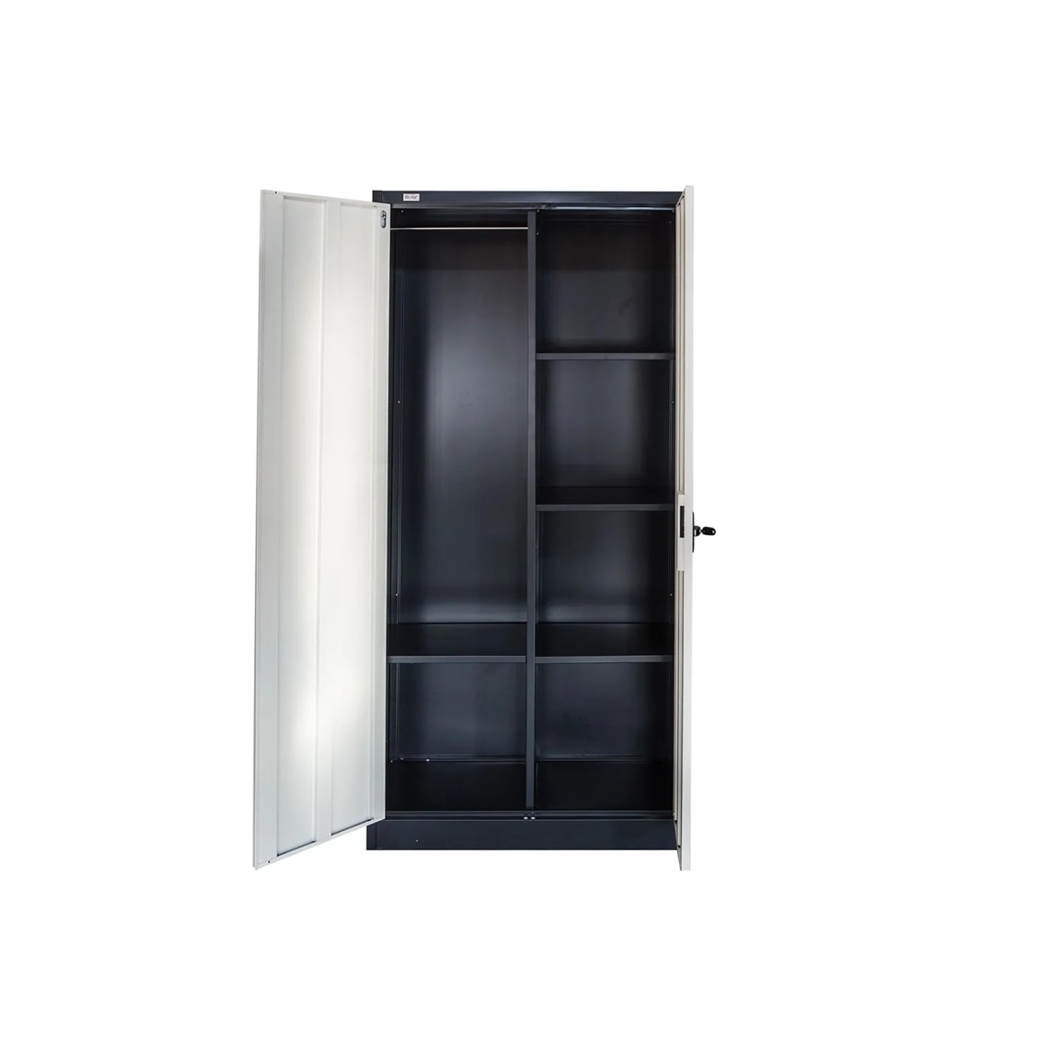 Jet-Line Stahlschrank Omsk, anthrazit-weiß, mit offener Tür, Garderobe und Regalböden.