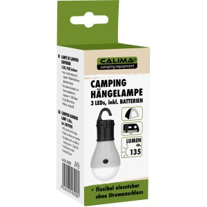 Calima Camping Hängelampe LED in Verpackung, mit Haken und Batterien.