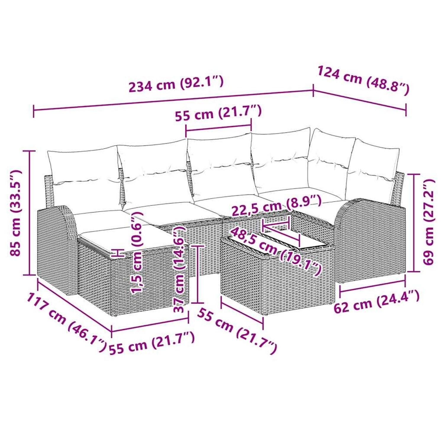 Beiges vidaXL Garten-Sofa-Set 7-tlg. aus Poly Rattan mit hellgrauen Kissen und Maßangaben.