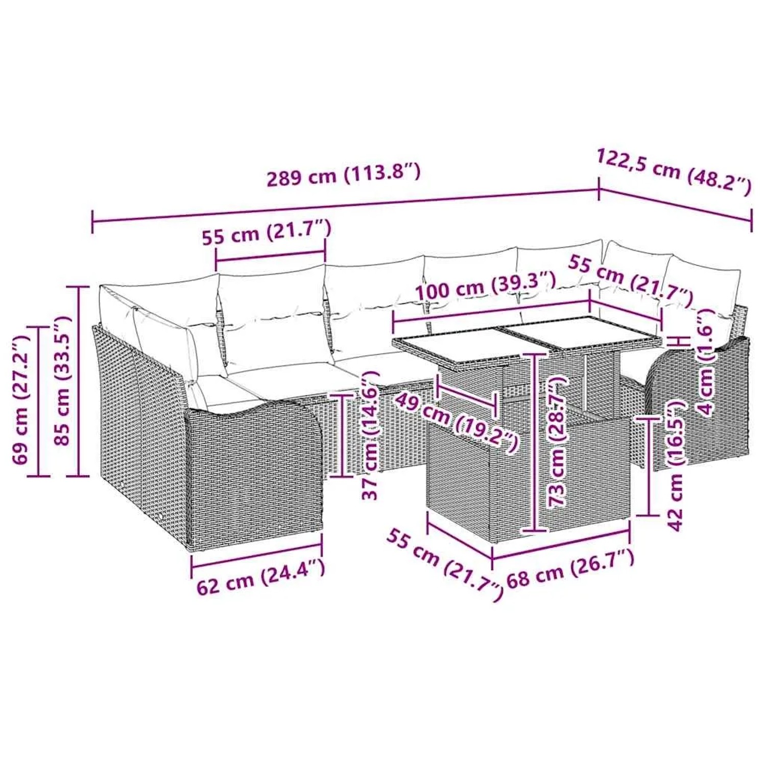 vidaXL 8-tlg. Gartenmöbel Set mit hellgrauem Polyrattan und Kissen, Maße eingezeichnet.
