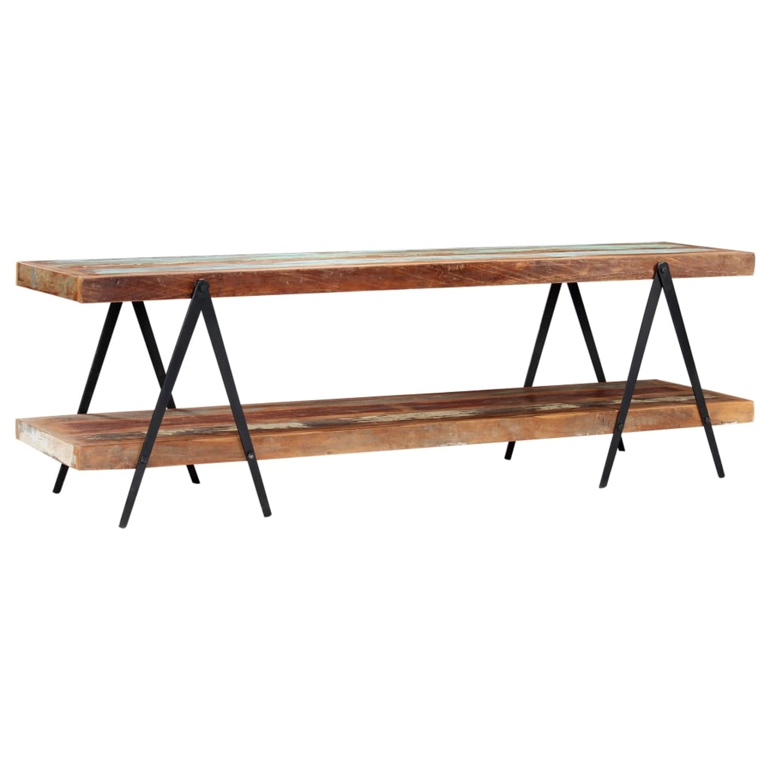 VidaXL TV-Schrank, 160 cm, Altholz massiv mit Ablagen und schwarzem Metallgestell.