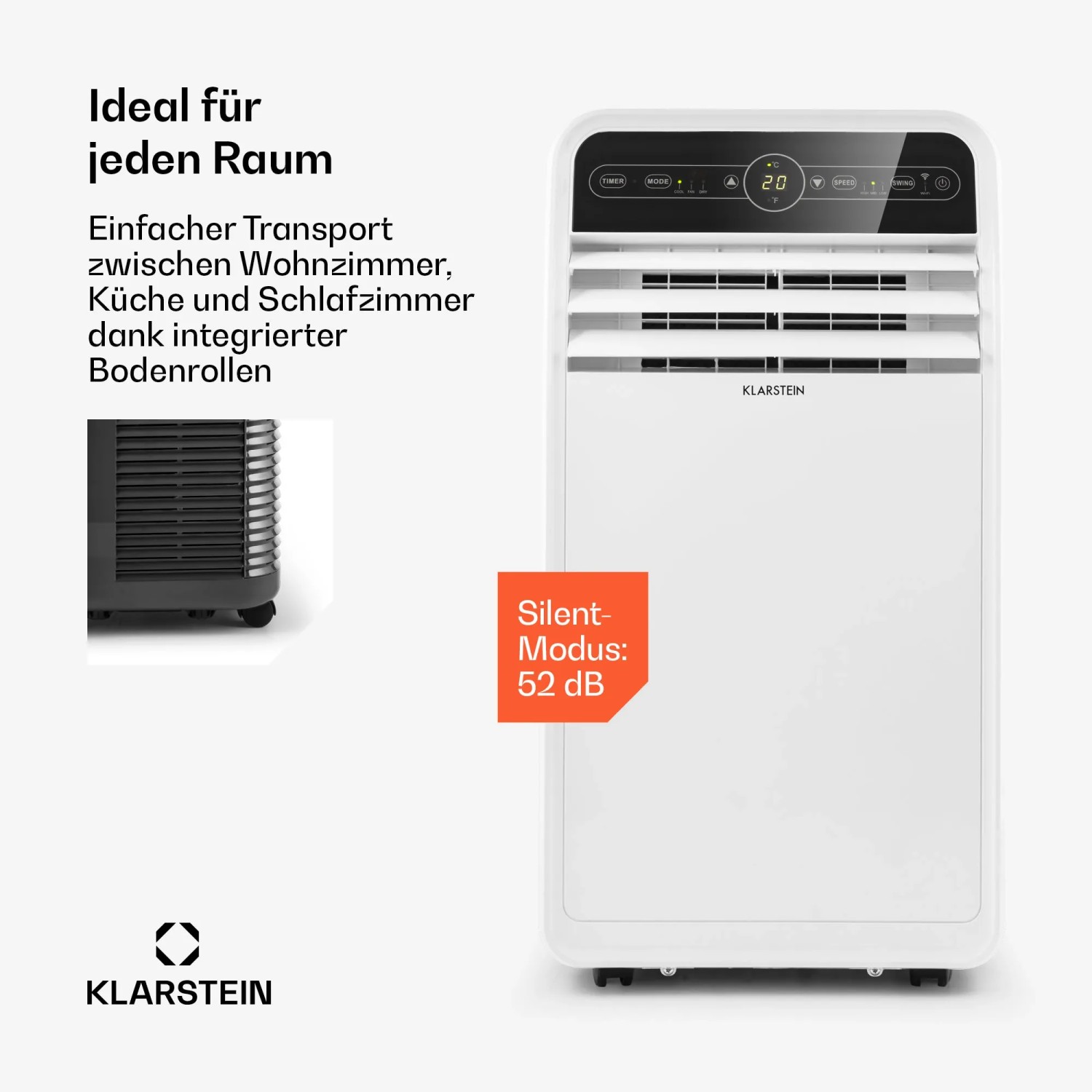 Weiße Klarstein Metrobreeze New York Smart 12k Klimaanlage mit Rollen und digitalem Display.