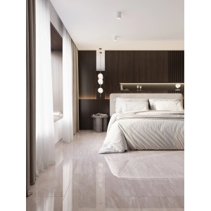 Verlegtes Feinsteinzeug Opus, 60x30 cm, in Sand-Marmoroptik im Schlafzimmer.