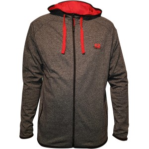 Schwarze Herren Strickjacke Outdoor, Größe M, mit Kapuze und roten Details.