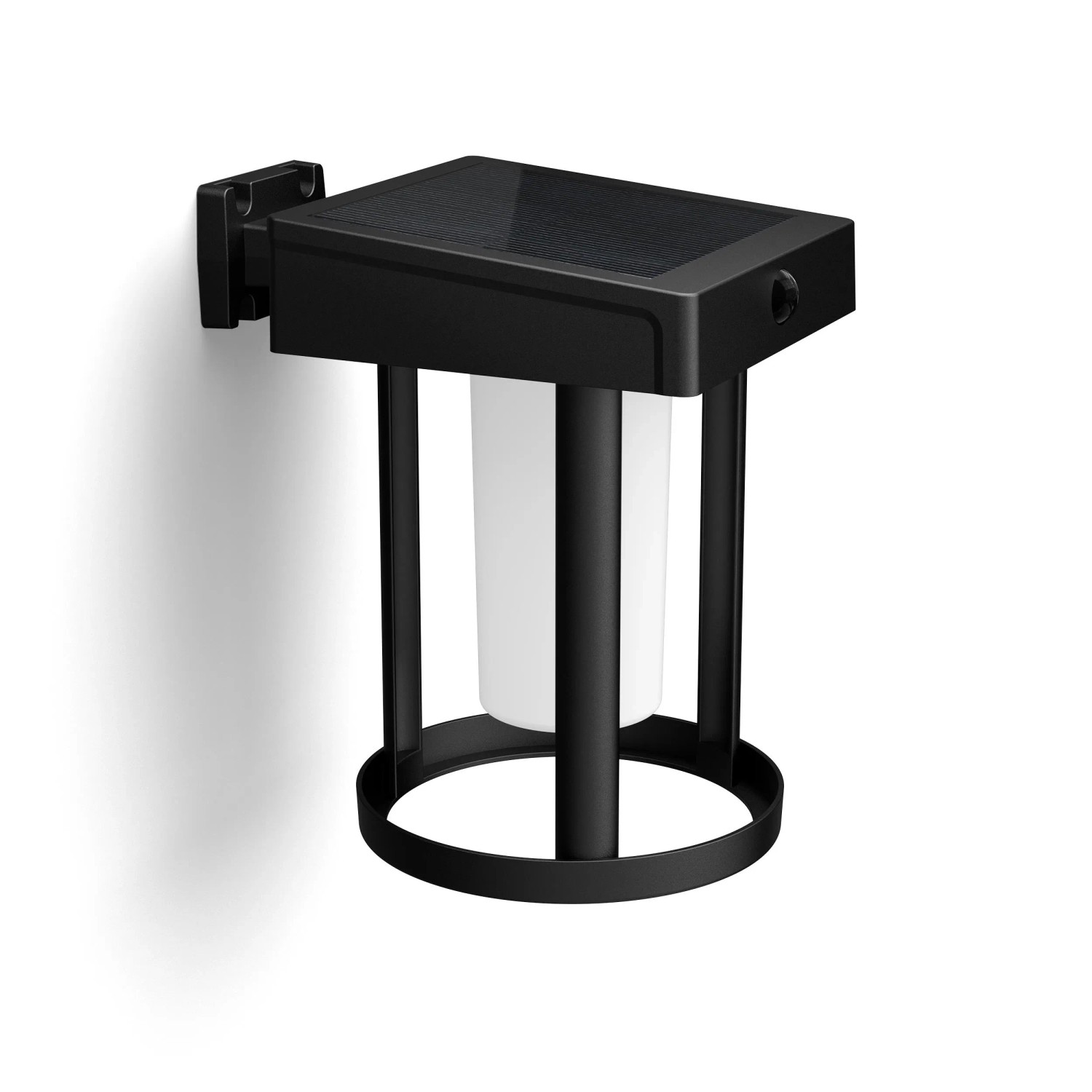 Matte, runde Philips Solar-Wandleuchte Camill mit Solarpanel und schwarzem Metallrahmen.
